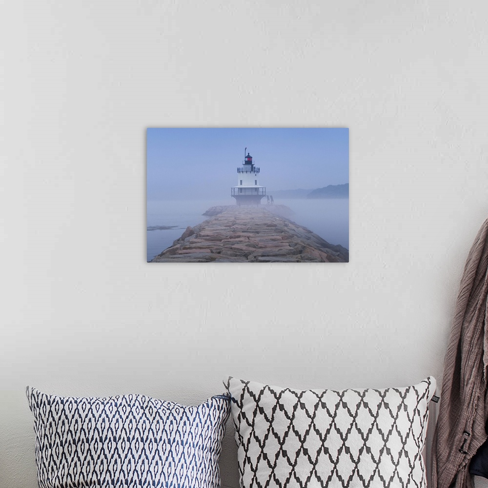 A bohemian room featuring USA, Maine, South Portland, Spring Point Ledge Lighthouse in fog.