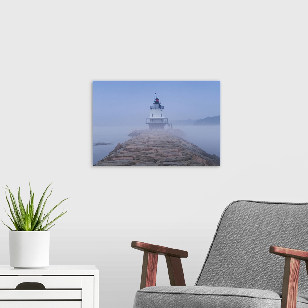 A modern room featuring USA, Maine, South Portland, Spring Point Ledge Lighthouse in fog.