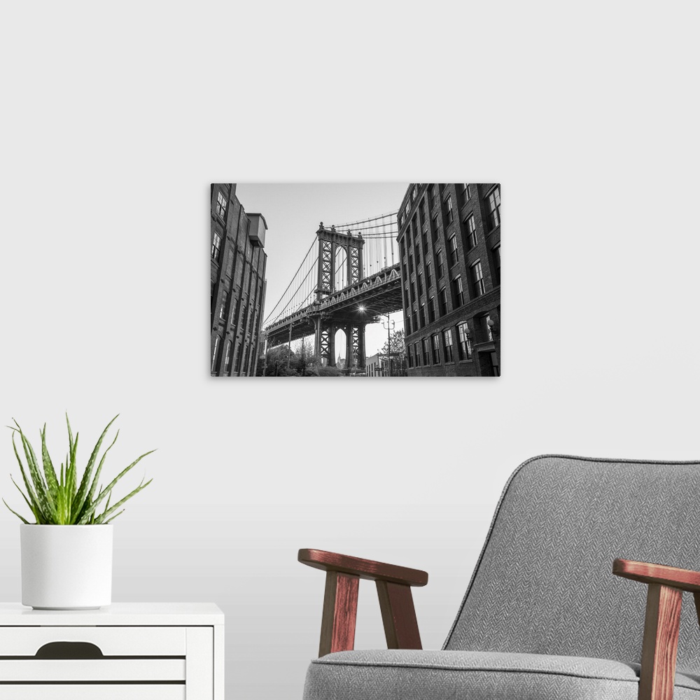 A modern room featuring Manhattan Bridge from DUMBO, Brooklyn, New York City, USA