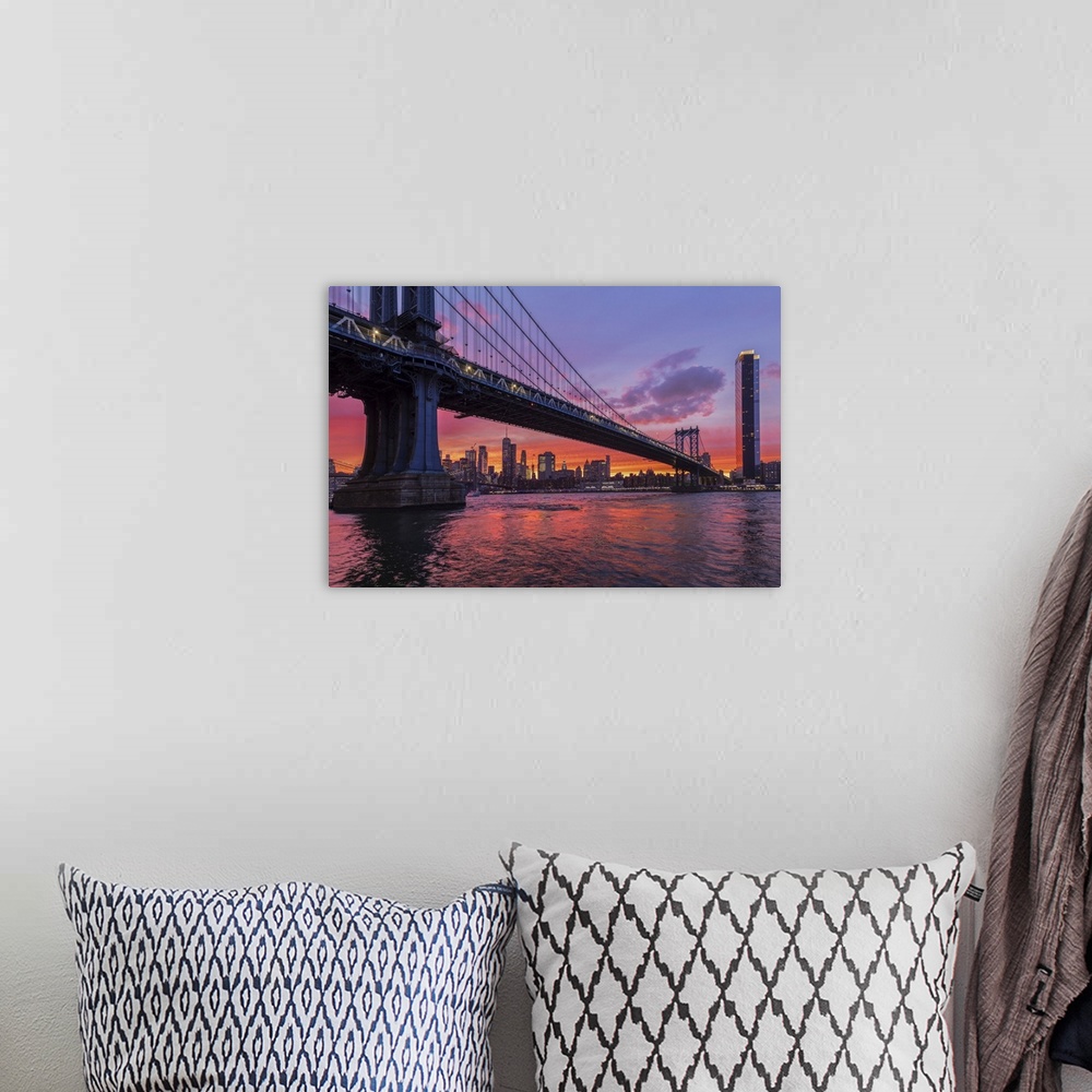A bohemian room featuring View from Manhattan Bridge to Lower Manhattan with One World Trade Center, New York City, New Yor...