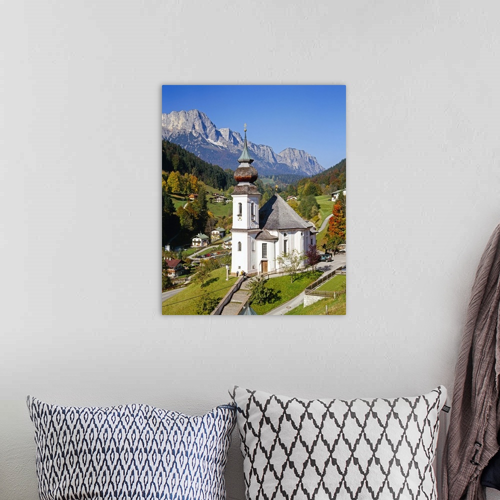 A bohemian room featuring Maria Gern church and Untersberg, Berchtesgadener Land, Bavaria, Germany, Europe