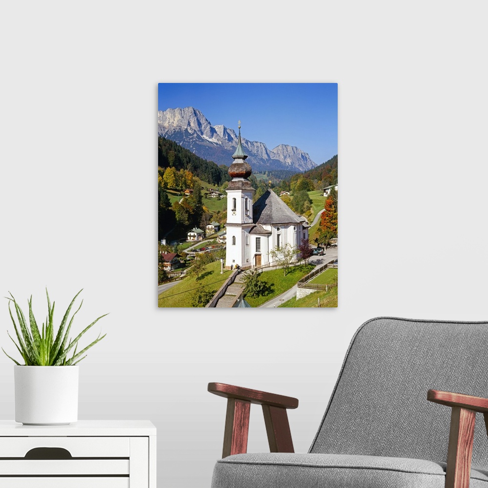 A modern room featuring Maria Gern church and Untersberg, Berchtesgadener Land, Bavaria, Germany, Europe