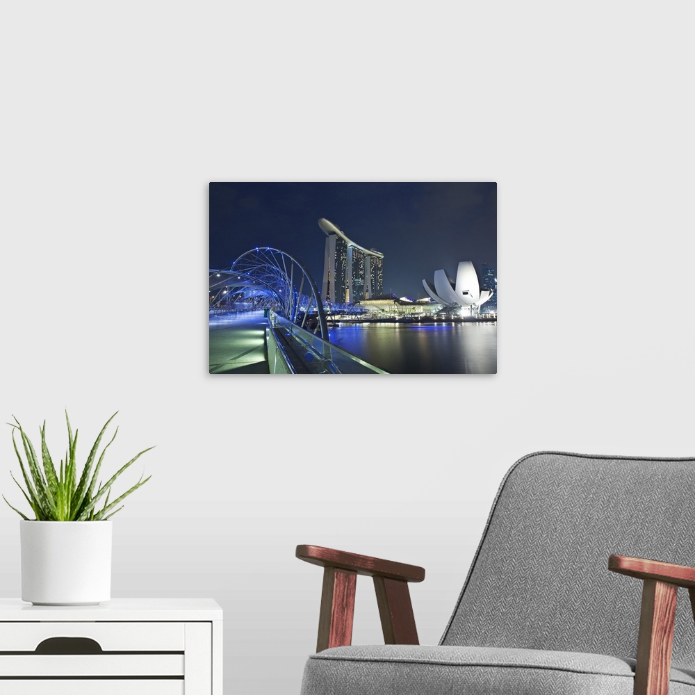 A modern room featuring Marina Bay Sands hotel and Helix Bridge, Singapore