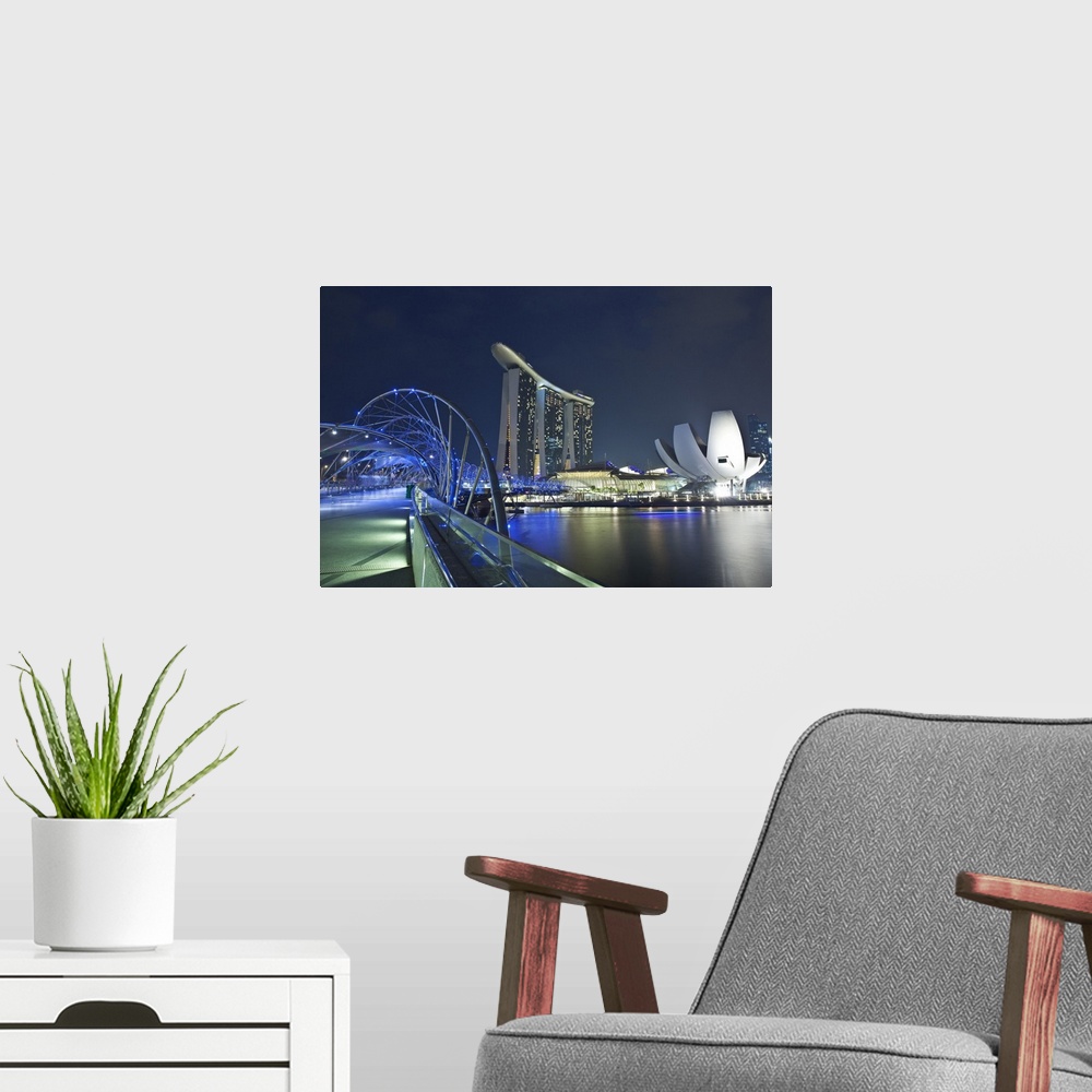 A modern room featuring Marina Bay Sands hotel and Helix Bridge, Singapore