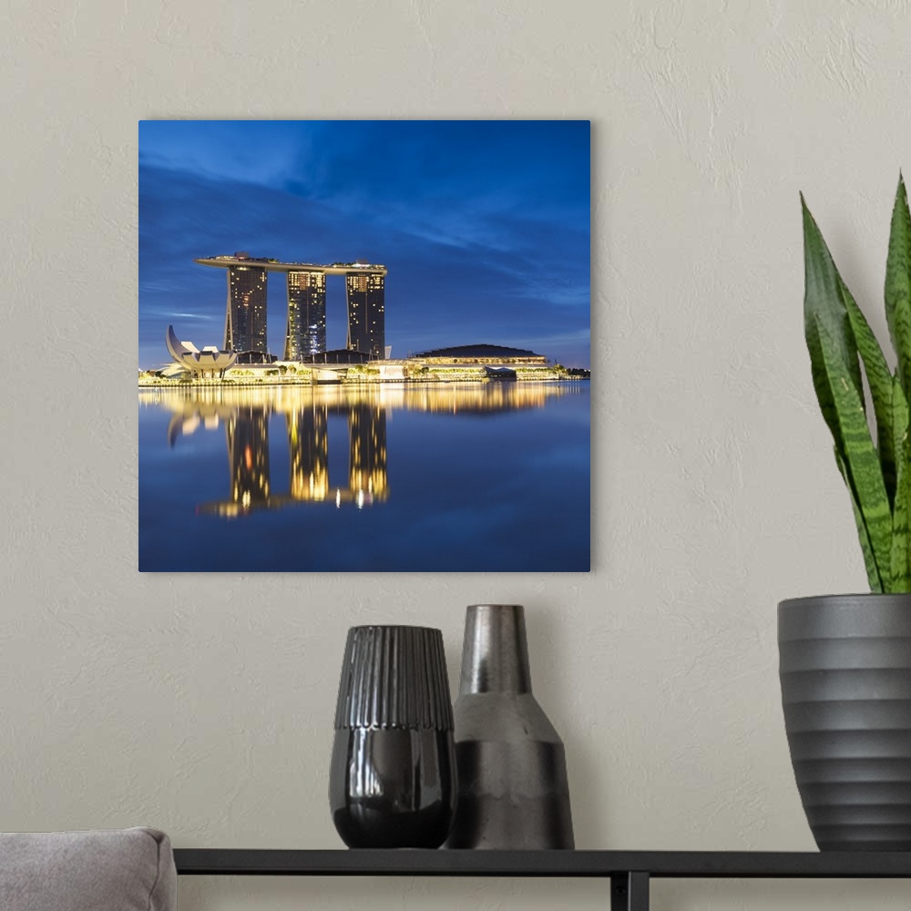 A modern room featuring Marina Bay Sands Hotel and skyline, Marina Bay, Singapore.