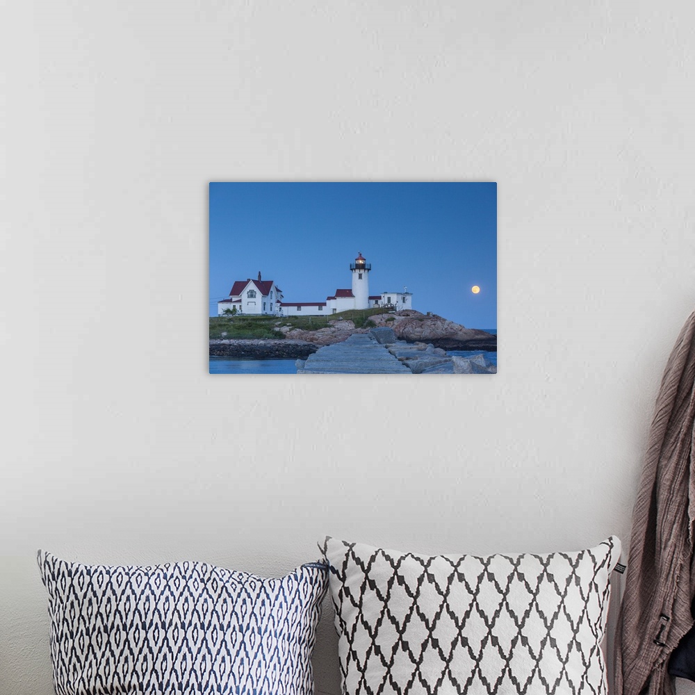 A bohemian room featuring USA, Massachusetts, Cape Ann, Gloucester, Eastern Point LIghthouse with moonrise.