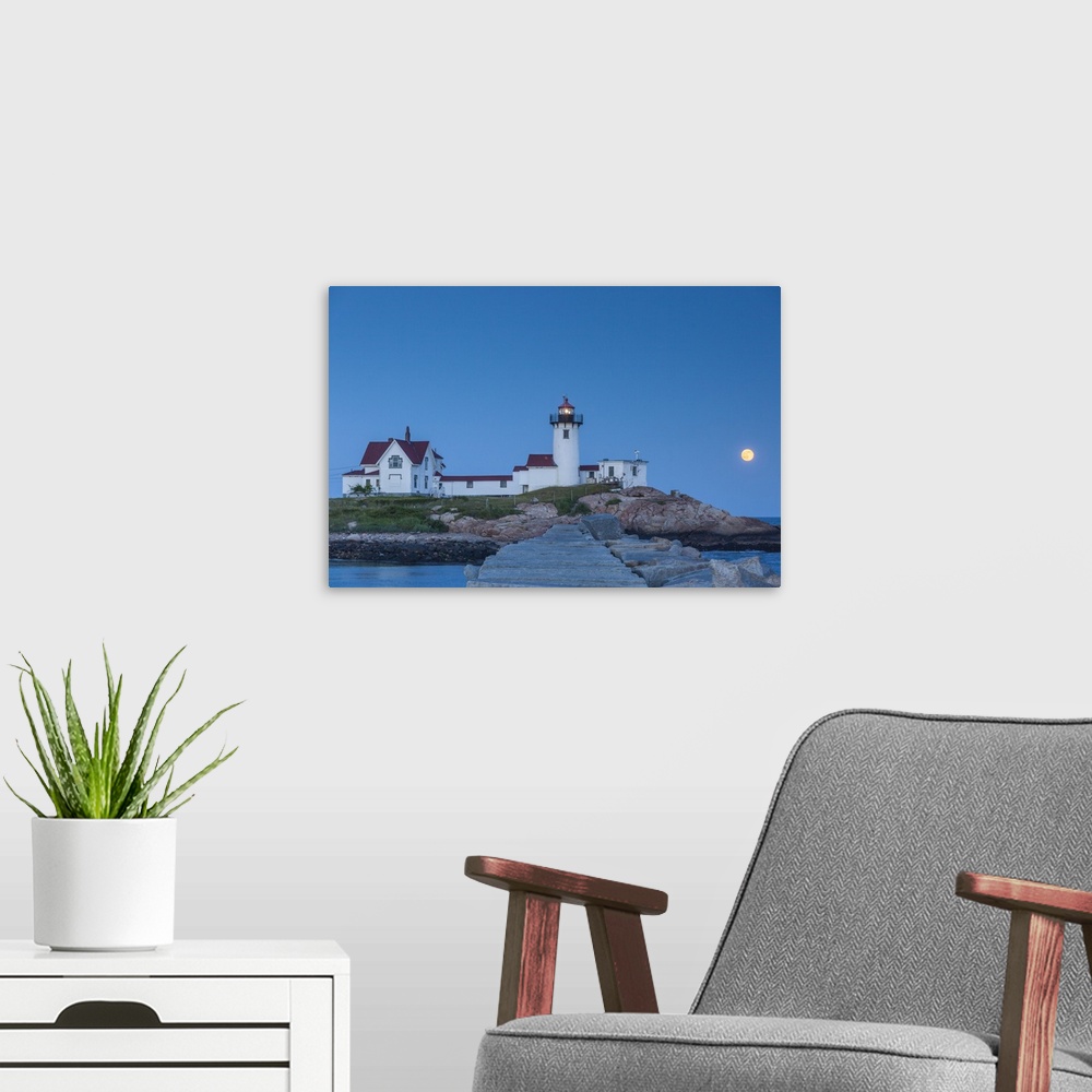 A modern room featuring USA, Massachusetts, Cape Ann, Gloucester, Eastern Point LIghthouse with moonrise.
