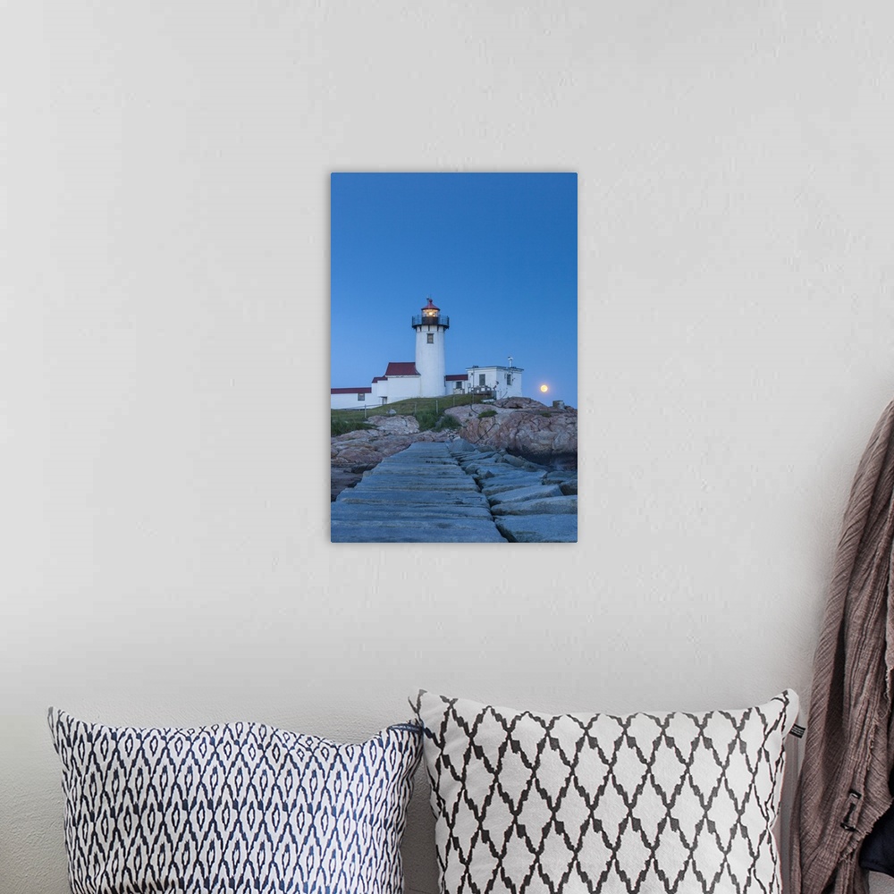 A bohemian room featuring USA, Massachusetts, Cape Ann, Gloucester, Eastern Point LIghthouse with moonrise.