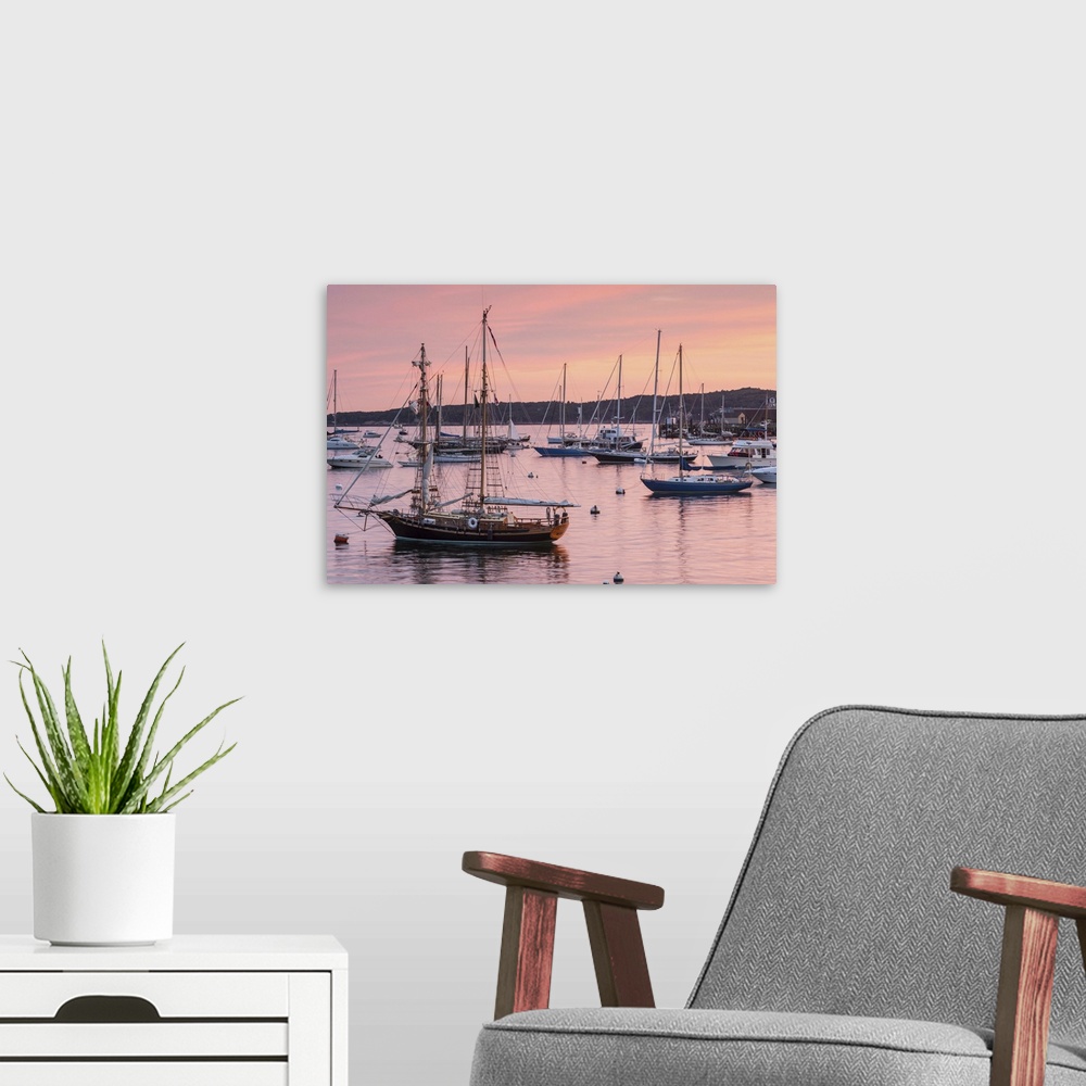 A modern room featuring USA, Massachusetts, Cape Ann, Gloucester, Gloucester Harbor, sunset.