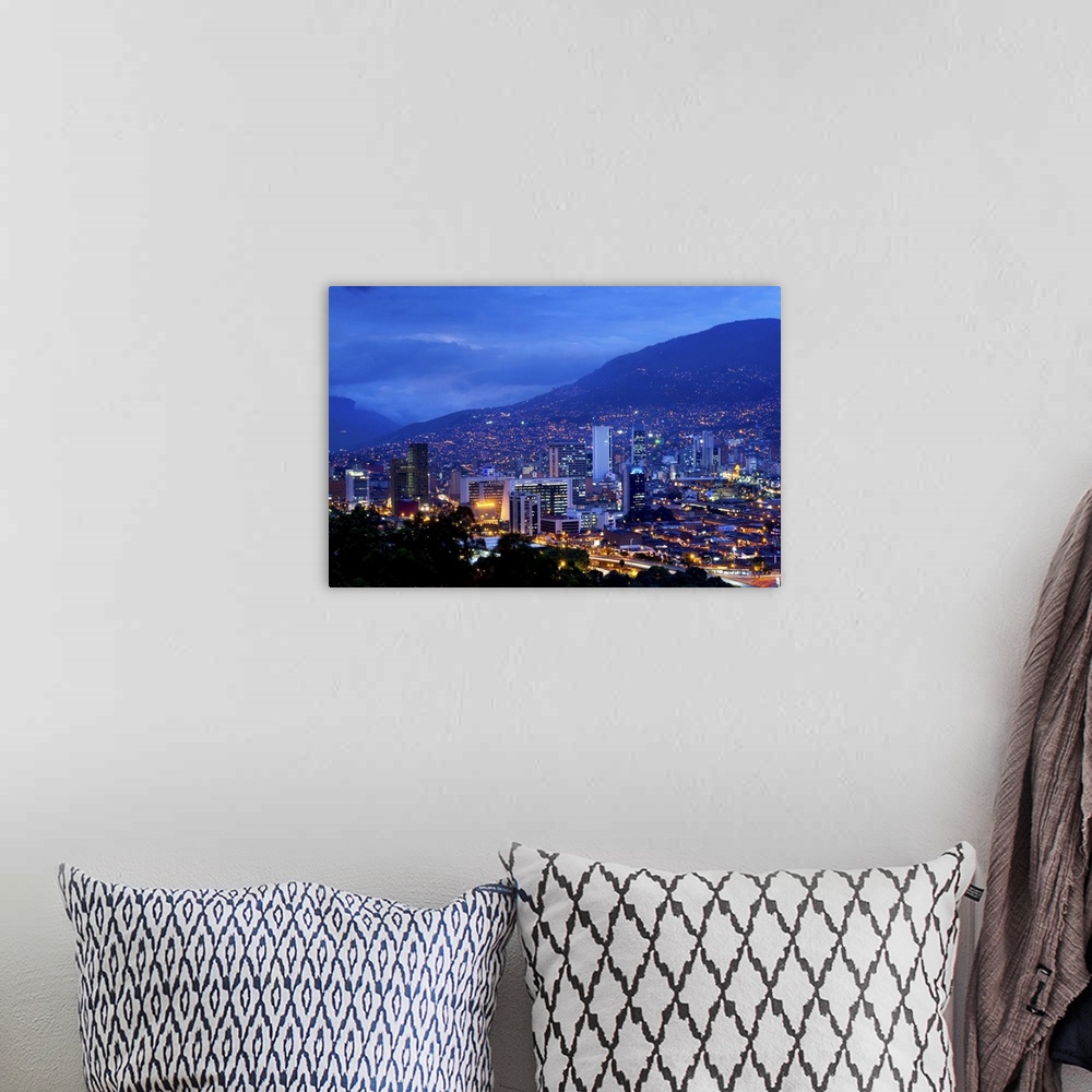 A bohemian room featuring Medellin, Colombia, Elevated View Of Downtown Medellin, Aburra Valley Surrounded By The Andes Mou...