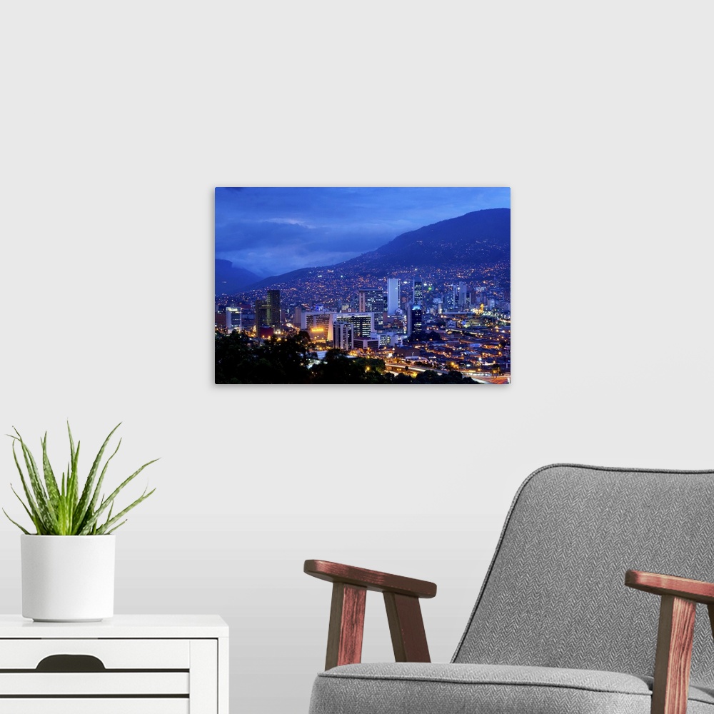 A modern room featuring Medellin, Colombia, Elevated View Of Downtown Medellin, Aburra Valley Surrounded By The Andes Mou...