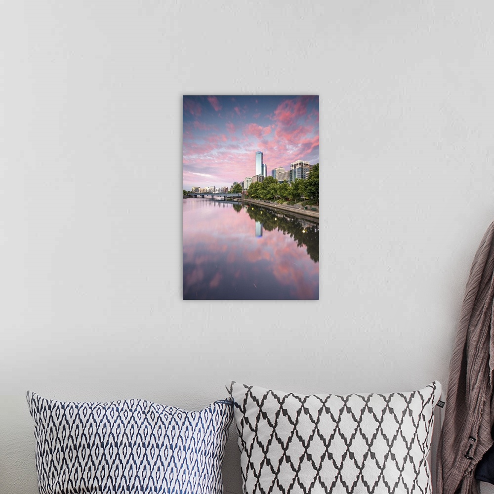 A bohemian room featuring Melbourne, Victoria, Australia. Yarra river and city at sunrise, with RIalto towers on the right