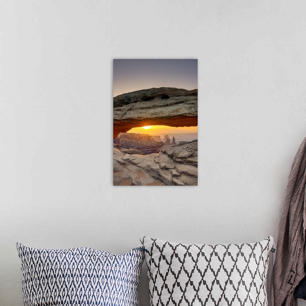 A bohemian room featuring Mesa Arch Rock Formation In The Canyonlands National Park At Sunrise, Utah