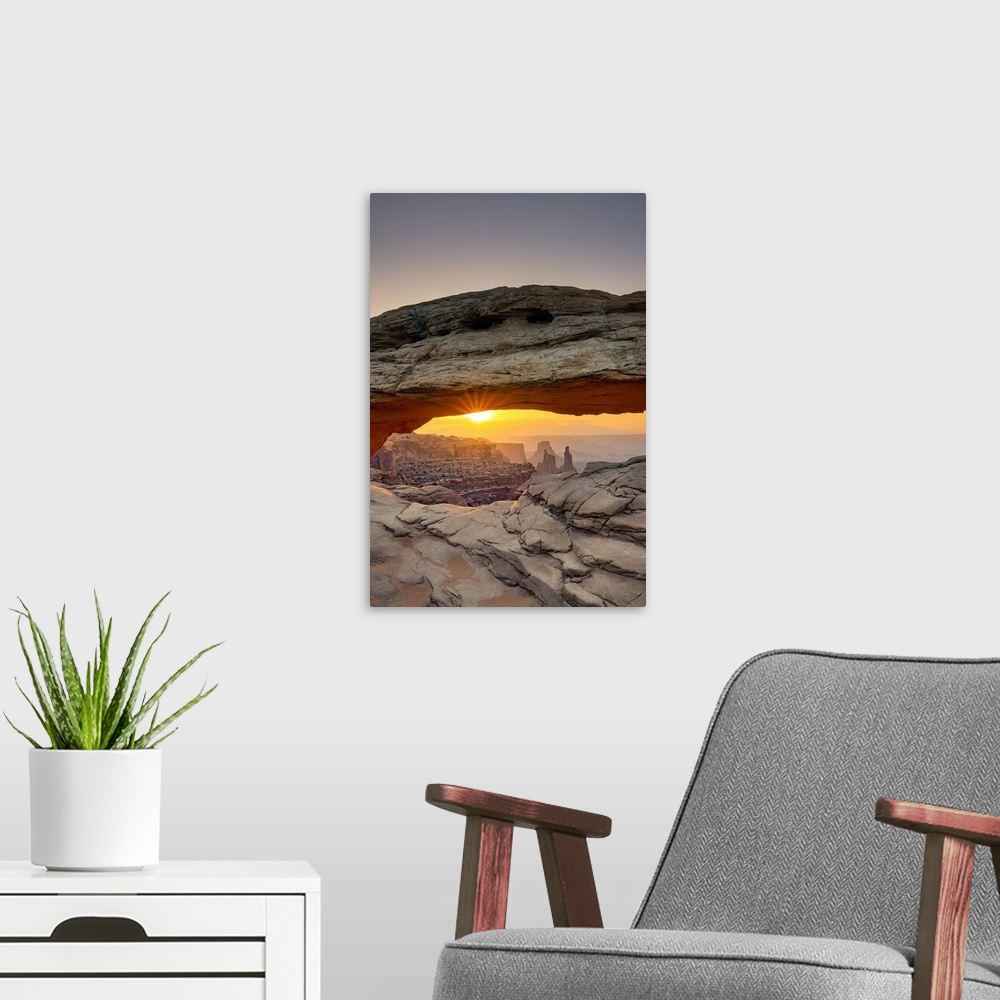 A modern room featuring Mesa Arch Rock Formation In The Canyonlands National Park At Sunrise, Utah