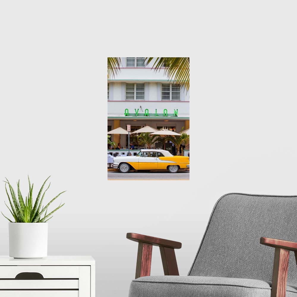 A modern room featuring U. S. A, Miami, Miami Beach, South Beach, Ocean Drive, Yellow and white vintage car parked outsid...