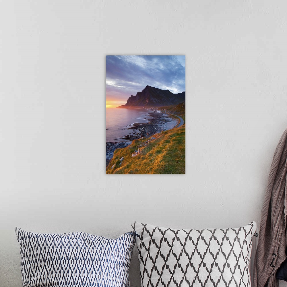 A bohemian room featuring Mightnight Sun over Dramatic Coastal landscape, Vikten, Flakstadsoya, Lofoten, Nordland, Norway