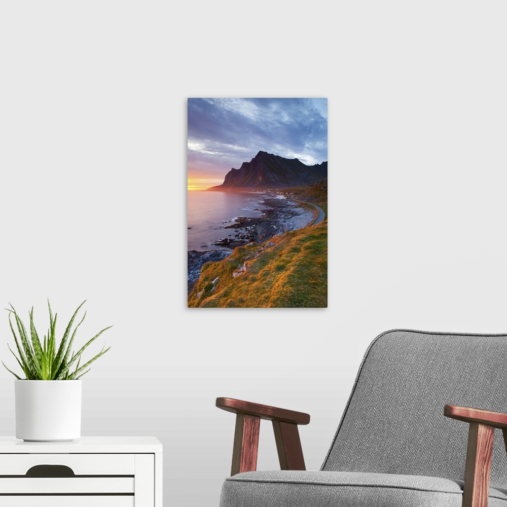 A modern room featuring Mightnight Sun over Dramatic Coastal landscape, Vikten, Flakstadsoya, Lofoten, Nordland, Norway