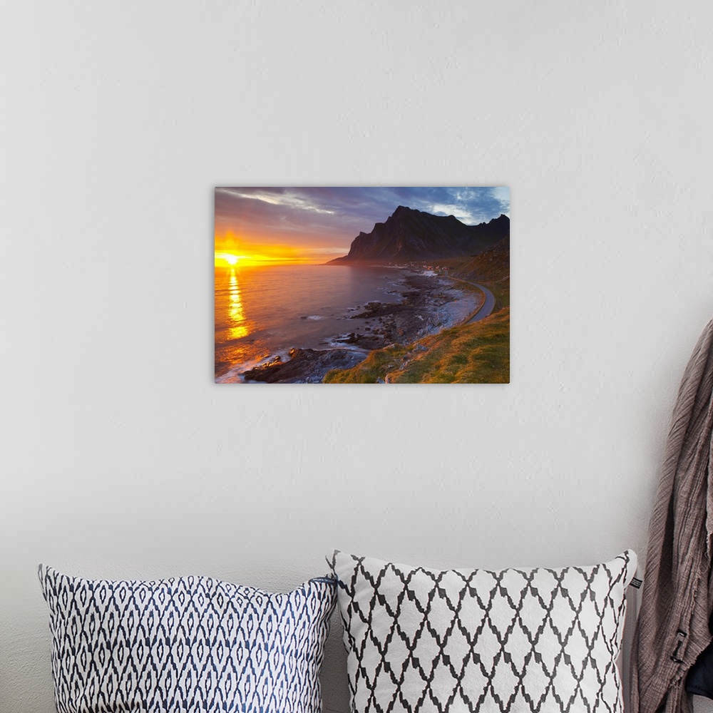 A bohemian room featuring Mightnight Sun over Dramatic Coastal landscape, Vikten, Flakstadsoya, Lofoten, Norway