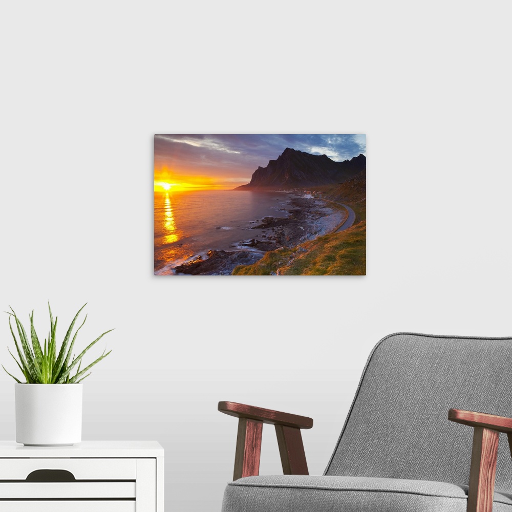 A modern room featuring Mightnight Sun over Dramatic Coastal landscape, Vikten, Flakstadsoya, Lofoten, Norway