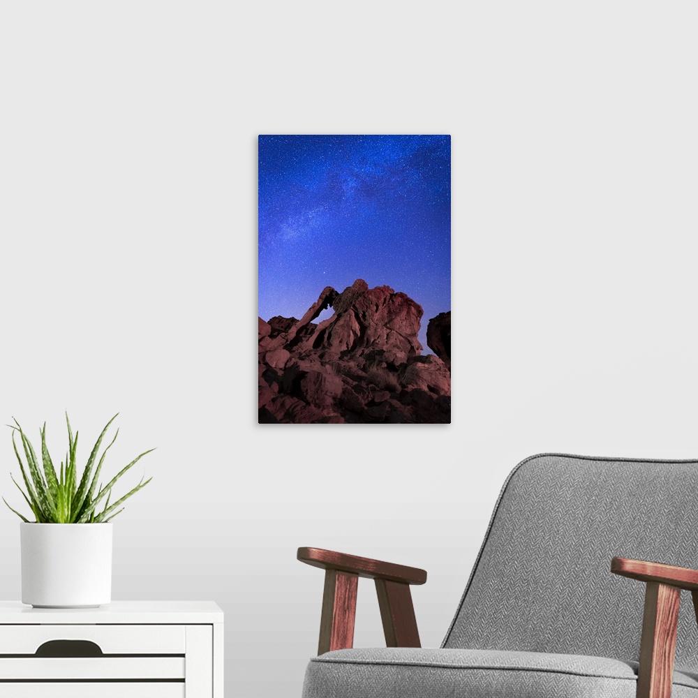 A modern room featuring Milky way above Elephant rock formation, Valley of Fire State Park, Nevada, Western United States...