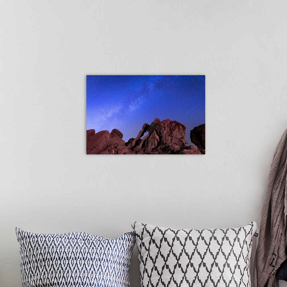 A bohemian room featuring Milky way above Elephant rock formation, Valley of Fire State Park, Nevada, Western United States...
