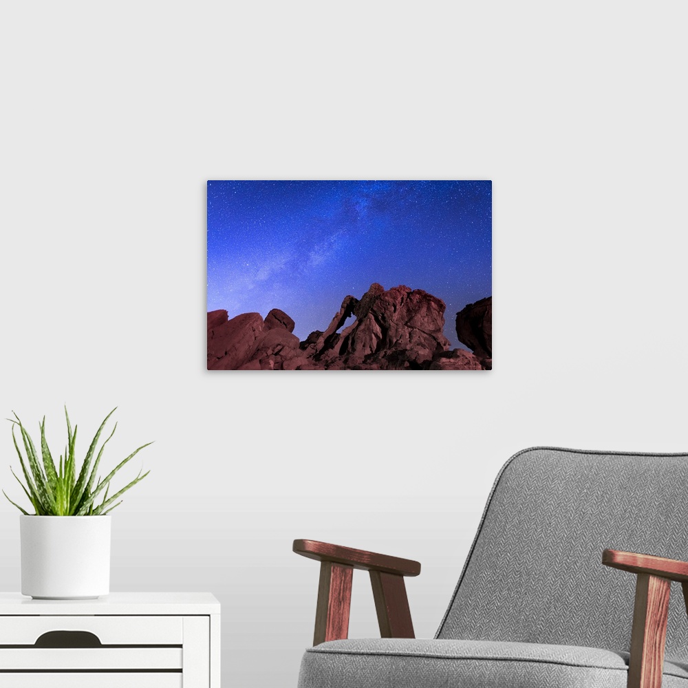 A modern room featuring Milky way above Elephant rock formation, Valley of Fire State Park, Nevada, Western United States...