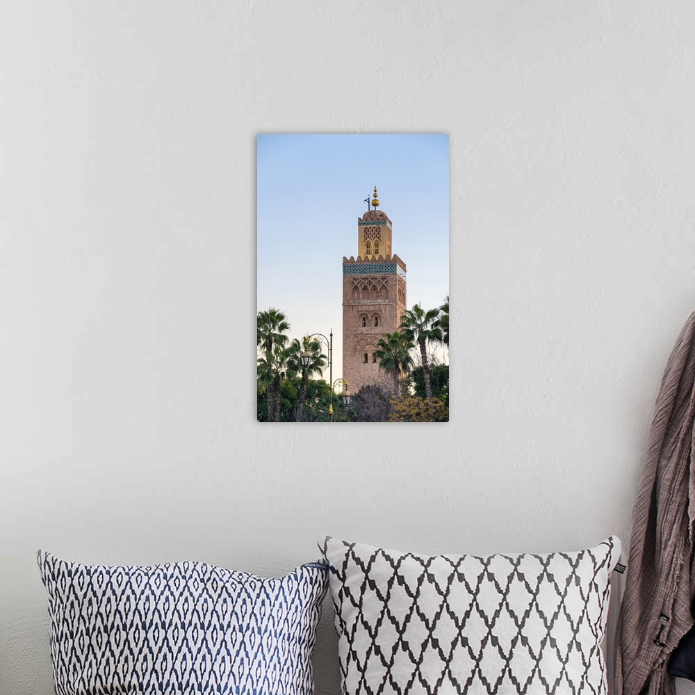 A bohemian room featuring Morocco, Marrakech-Safi (Marrakesh-Tensift-El Haouz) region, Marrakesh. Minaret of 12th century K...