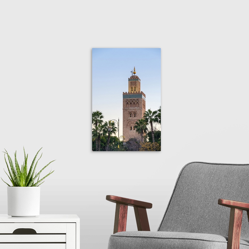 A modern room featuring Morocco, Marrakech-Safi (Marrakesh-Tensift-El Haouz) region, Marrakesh. Minaret of 12th century K...