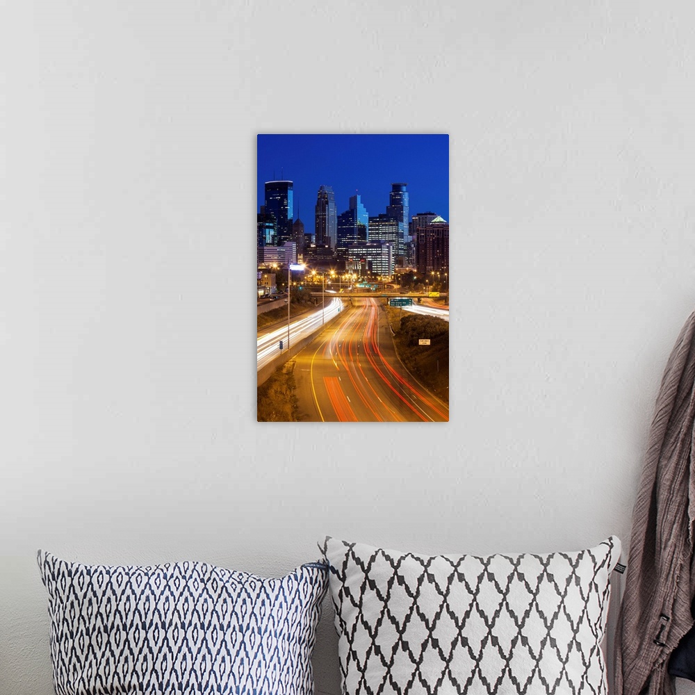 A bohemian room featuring USA, Minnesota, Minneapolis, city skyline from interstate highway I-35W, dawn