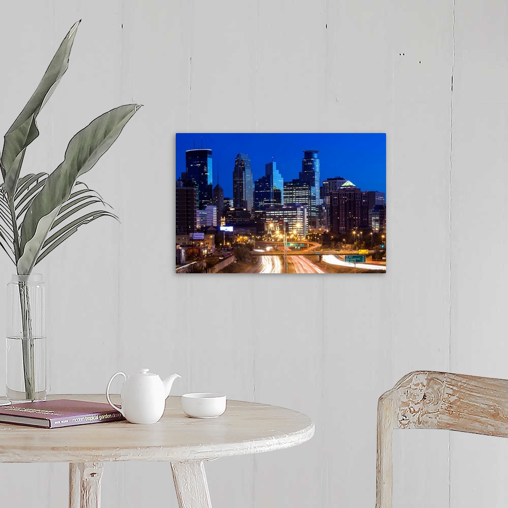 A farmhouse room featuring USA, Minnesota, Minneapolis, city skyline from interstate highway I-35W, dawn