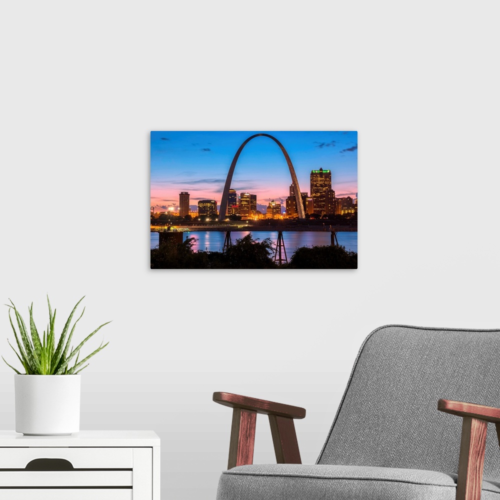 A modern room featuring USA, Missouri, St. Louis, Mississippi river, Route 66, along the shores of East St. Louis.