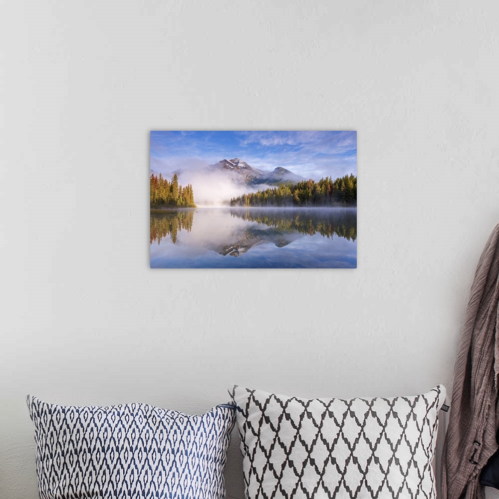 A bohemian room featuring Mist obscures Pyramid Mountain, reflected in Pyramid Lake in the Canadian Rockies, Jasper Nationa...
