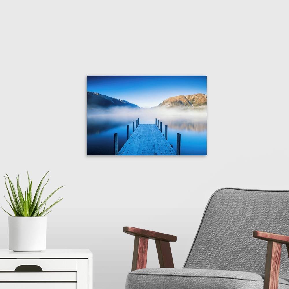 A modern room featuring Mist On Lake Rotoiti, New Zealand