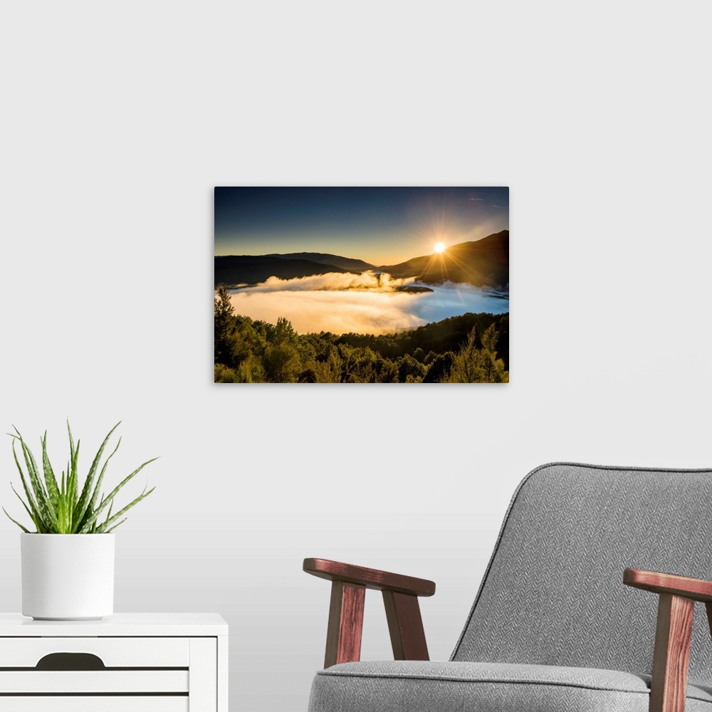 A modern room featuring Mist Over Lake Rotoiti At Sunrise, New Zealand