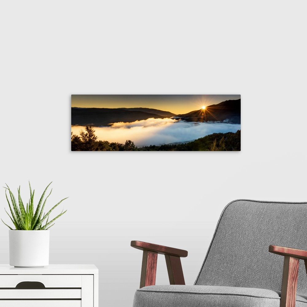 A modern room featuring Mist Over Lake Rotoiti At Sunset, New Zealand