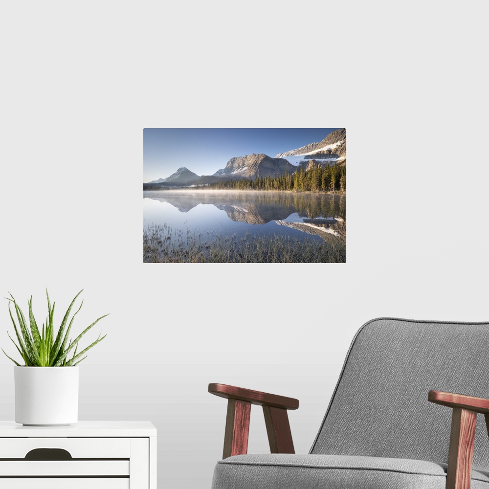 A modern room featuring Misty morning at Bow Lake in the Canadian Rockies, Alberta, Canada