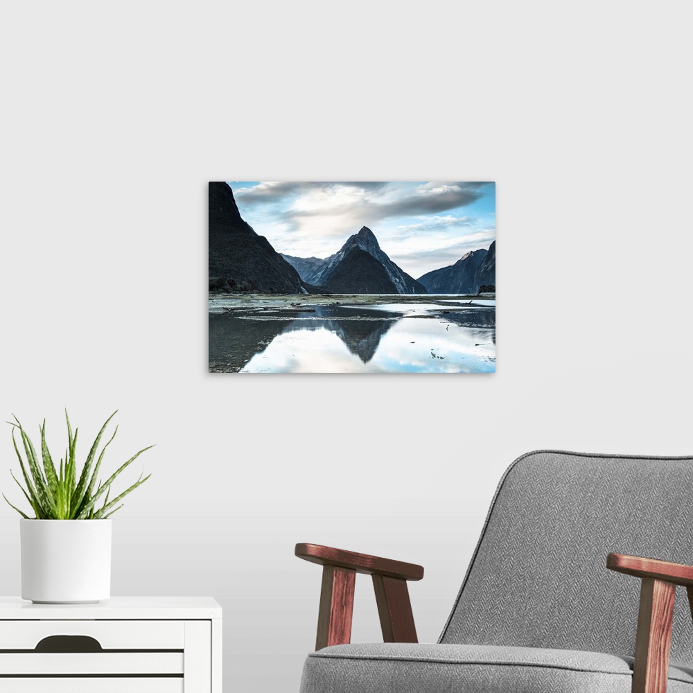 A modern room featuring The dramatic Mitre Peak, Milford Sound, Fiordland, South Island, New Zealand