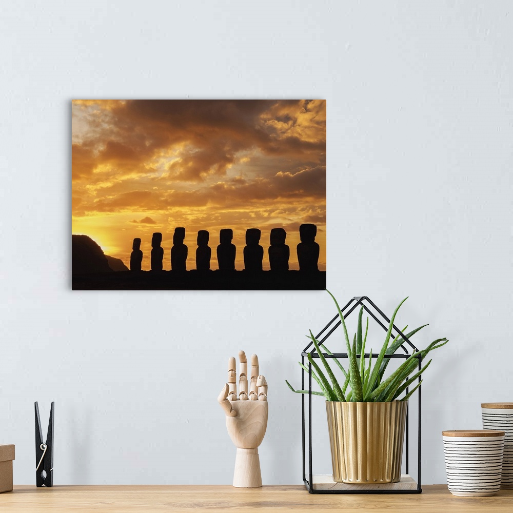 A bohemian room featuring Moais in Ahu Tongariki at sunrise, Rapa Nui National Park, Easter Island, Chile