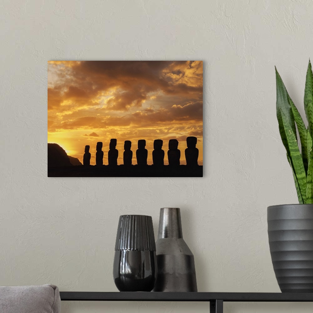 A modern room featuring Moais in Ahu Tongariki at sunrise, Rapa Nui National Park, Easter Island, Chile