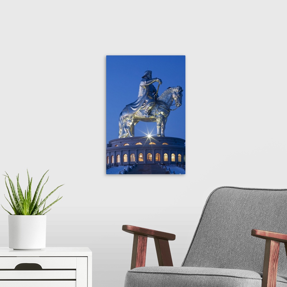A modern room featuring Mongolia, Tov Province, Tsonjin Boldog. A 40m tall statue of Genghis Khan on horseback stands on ...