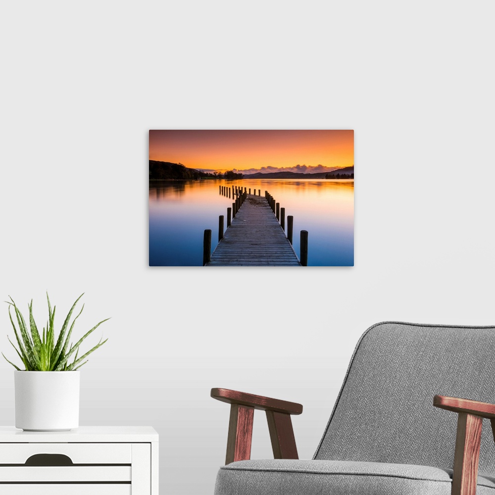 A modern room featuring Monk Jetty At Sunset, Coniston Water, Lake District National Park, Cumbria, England