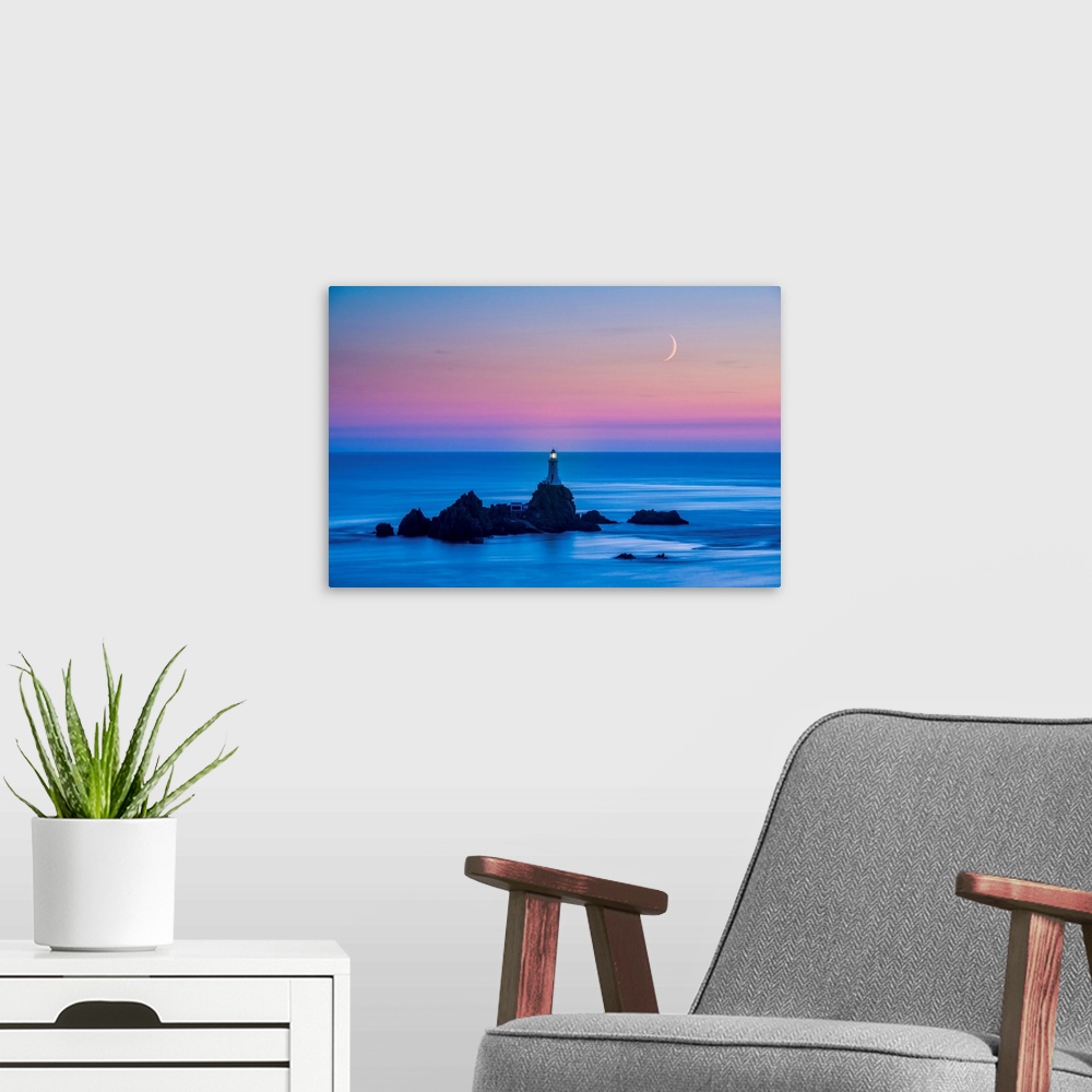 A modern room featuring Moon Over Corbiere Lighthouse, Jersey, Channel Islands