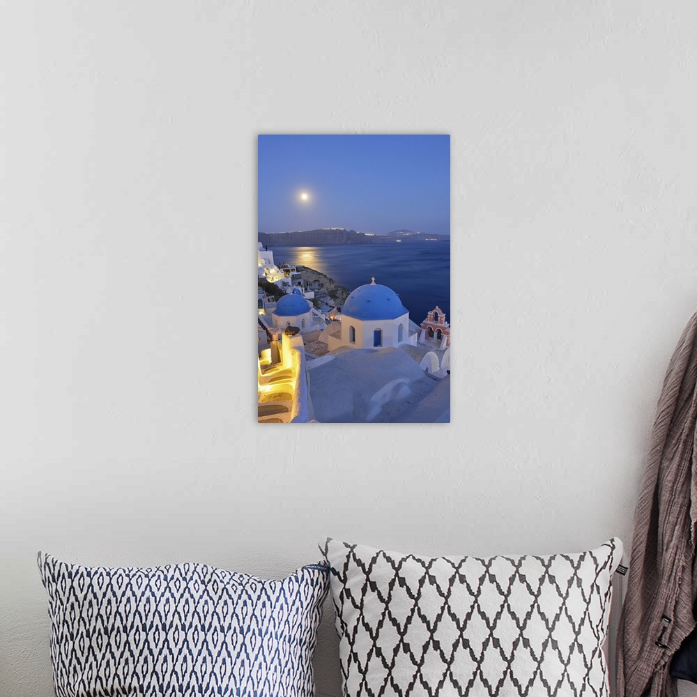 A bohemian room featuring Moon over the town of Oia, Santorini, Kyclades, South Aegean, Greece, Europe