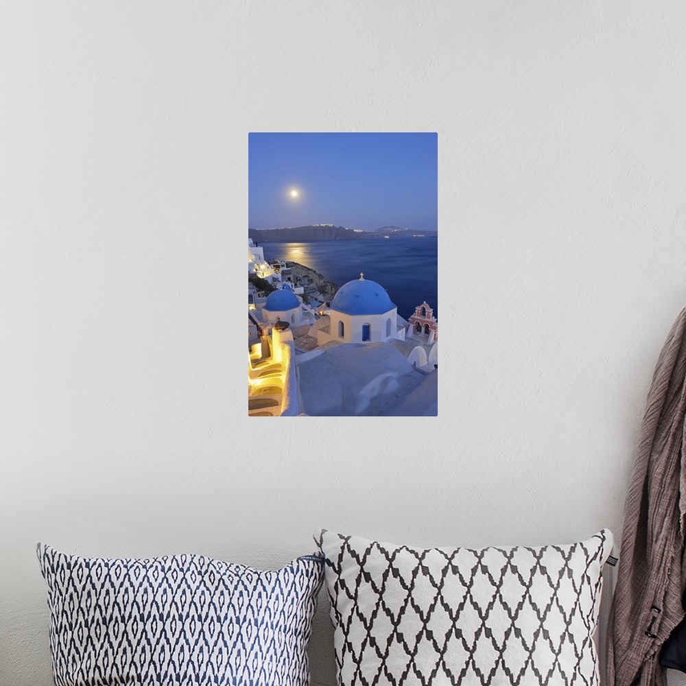 A bohemian room featuring Moon over the town of Oia, Santorini, Kyclades, South Aegean, Greece, Europe