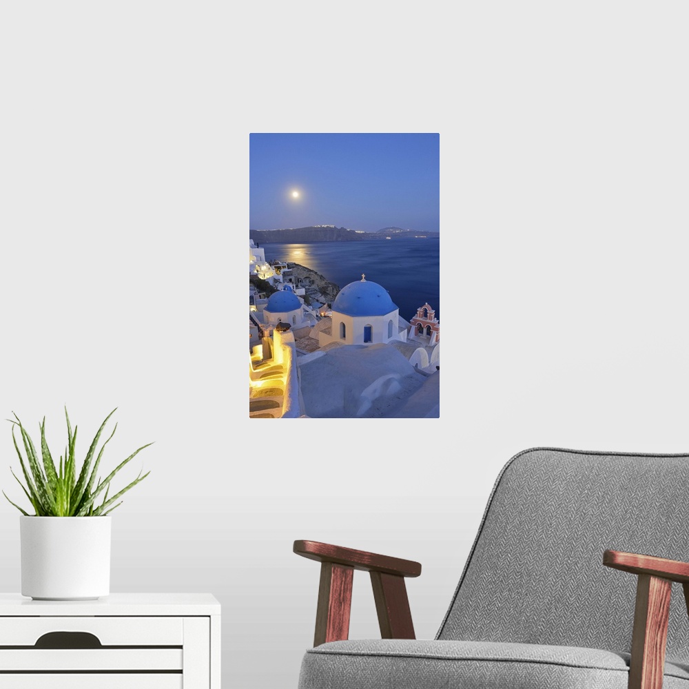 A modern room featuring Moon over the town of Oia, Santorini, Kyclades, South Aegean, Greece, Europe