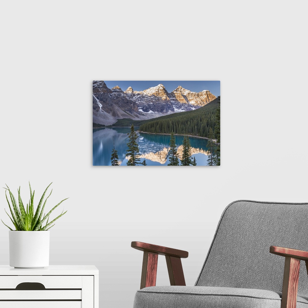A modern room featuring Moraine Lake and the Valley of the Ten Peaks, Rockies, Banff National Park, Alberta, Canada. Autu...