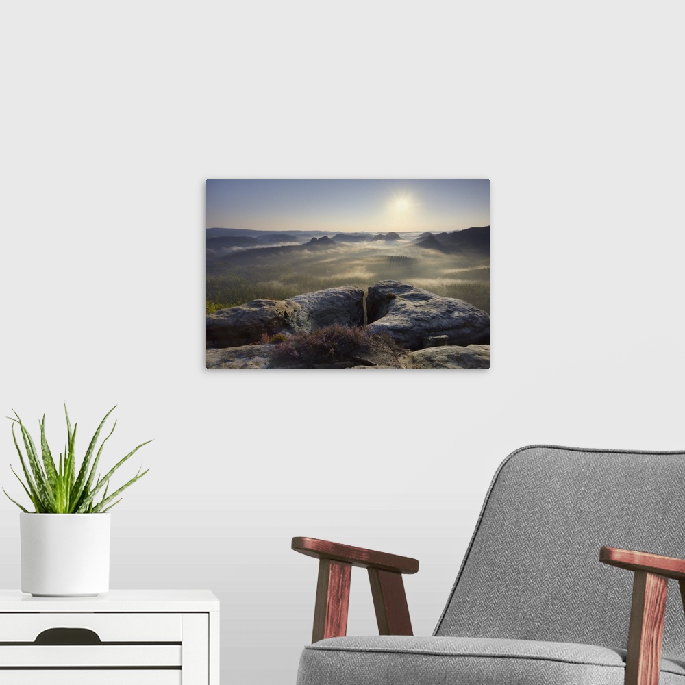 A modern room featuring Morning atmosphere in the Elbe Sandstone Mountains, view of the Hintere Raubschlo or Winterstein,...