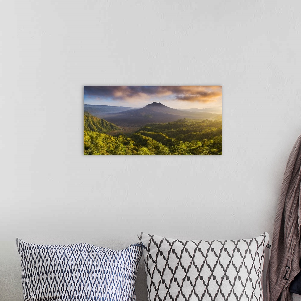 A bohemian room featuring Bali, Indonesia, South East Asia. Panoramic high angle view over the Mount Batur (Gunung Batur) v...