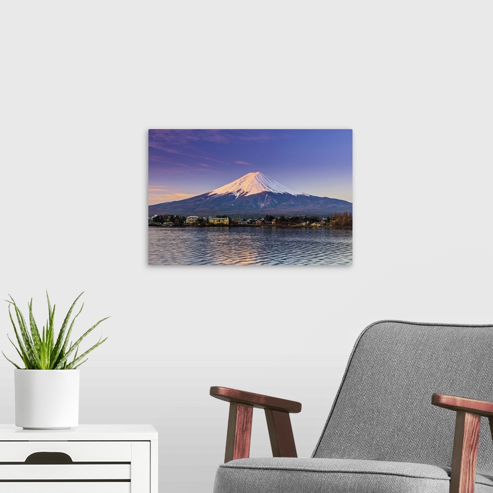 A modern room featuring Mount Fuji at sunrise as seen from Lake Kawaguchi, Yamanashi Prefecture, Japan