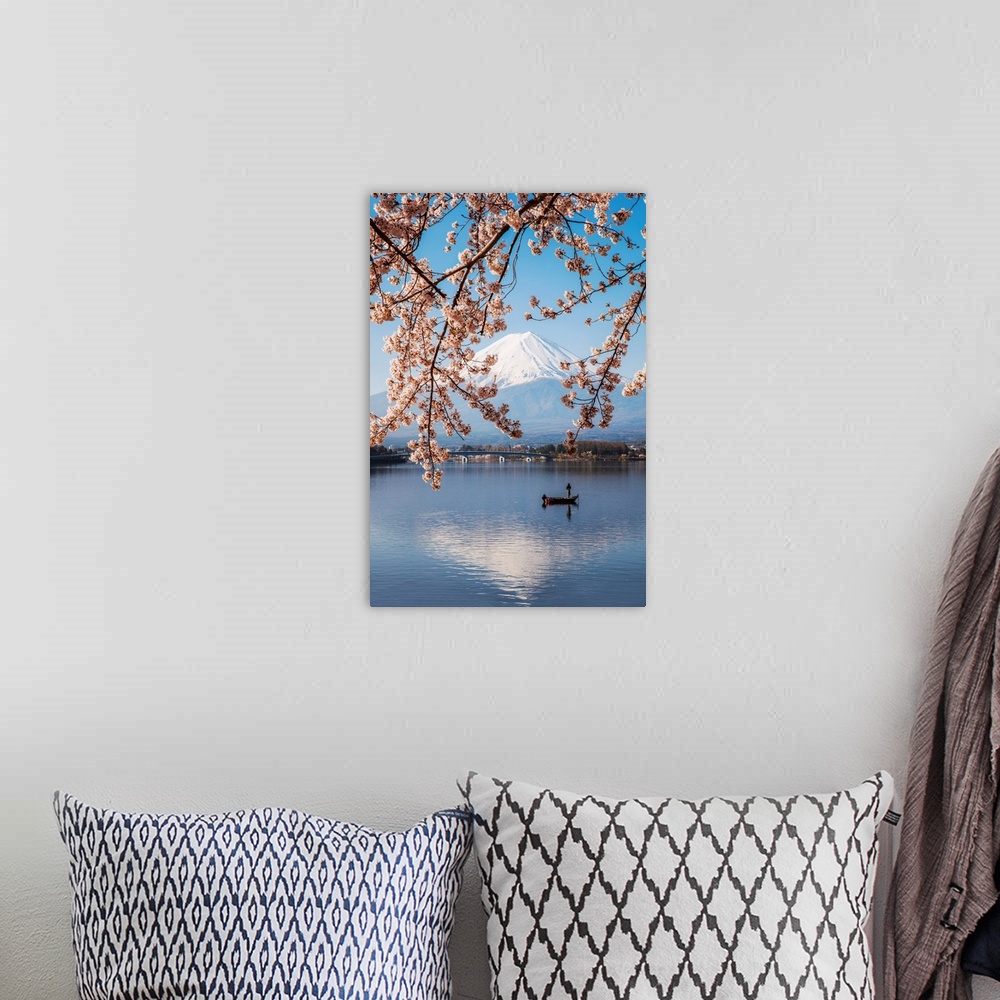 A bohemian room featuring Mount Fuji in springtime with cherry tree in full bloom, Fuji Five Lakes, Japan.